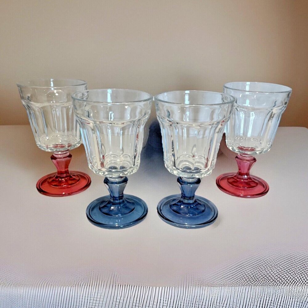 VTG Bormioli Rocco Water Goblet Clear Glass Panels Stemmed Pink Blue Lot of 4